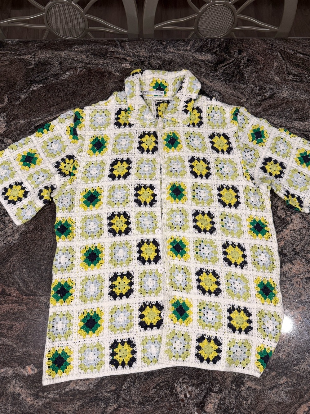 Zara Crochet Granny Square Polo Shirt in White, Yellow & Green